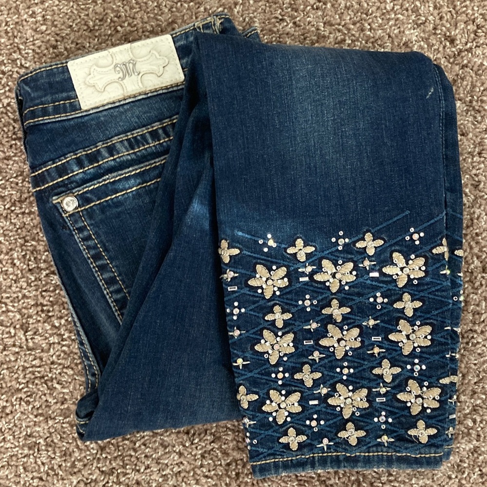 Miss Me FLORAL CUFF PATTERN Skinny Ankle Jeans: 8” Embellished Flowers & Sparkle